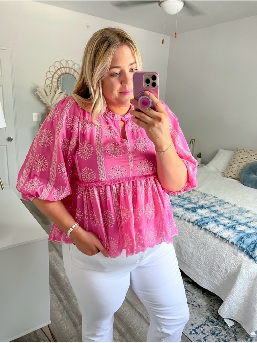 Umgee Hot Pink Embroidered Eyelet Babydoll Top